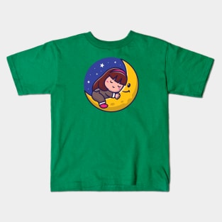 Cute Girl Sleeping On Moon Cartoon Vector Icon Illustration Kids T-Shirt